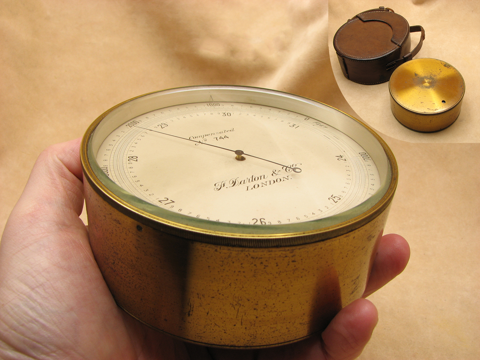Late Victorian brass cased barometer
& altimeter signed 'F. Darton & Co, London' with leather case